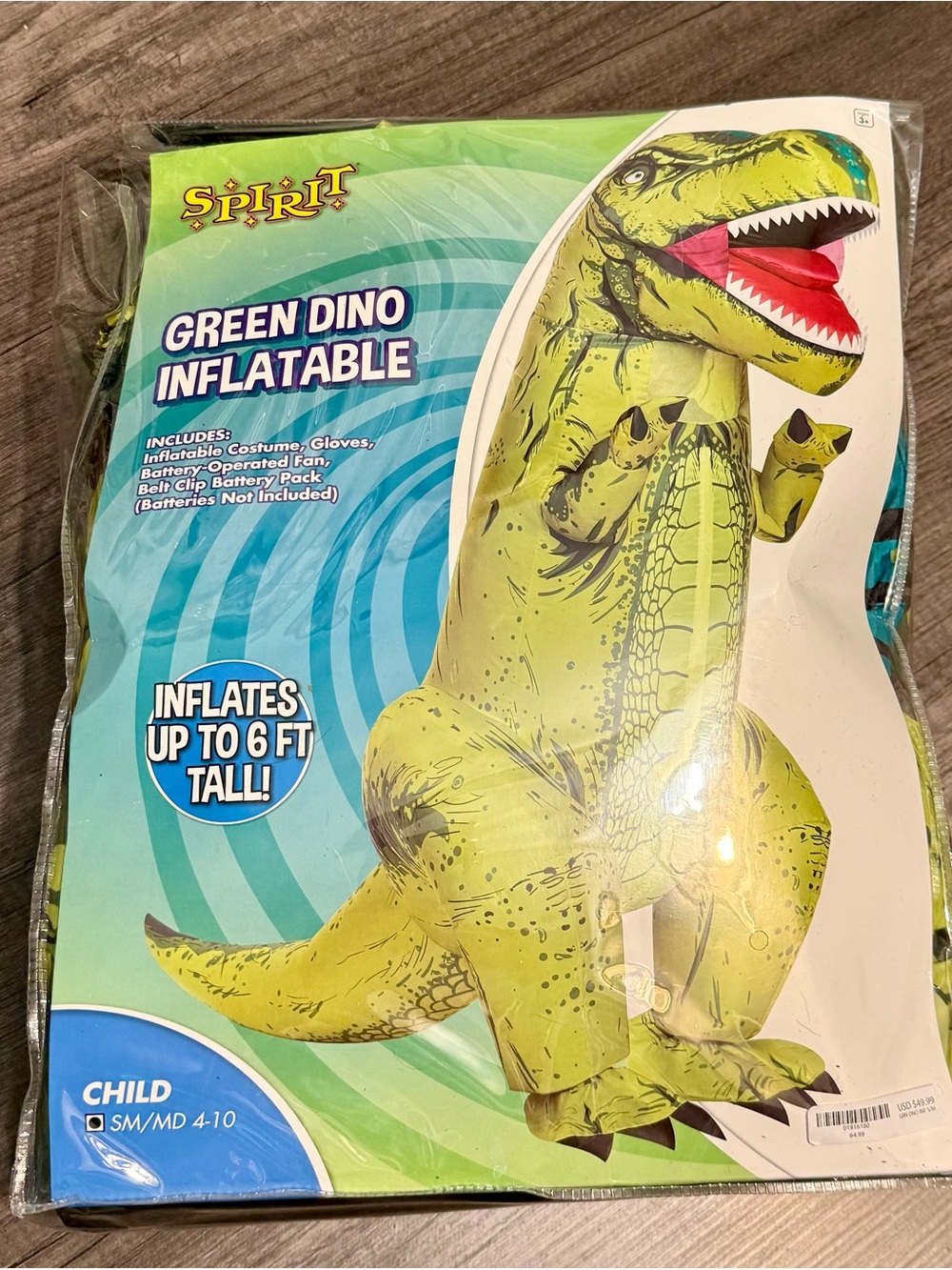 Spirit Green Dino Inflatable Costume Child SM/MD 4-10